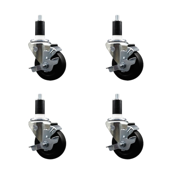 3.5'' Hard Rubber Swivel 1-3/8'' Expanding Stem Caster Set with Brake, 4PK